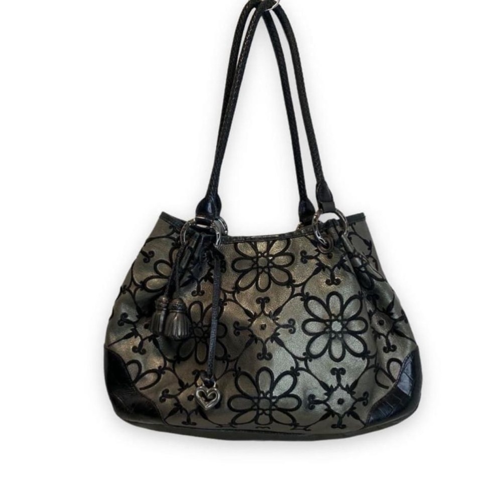 Brighton Valencia Gunmetal Pewter Floral Hobo Shoulder Handbag
